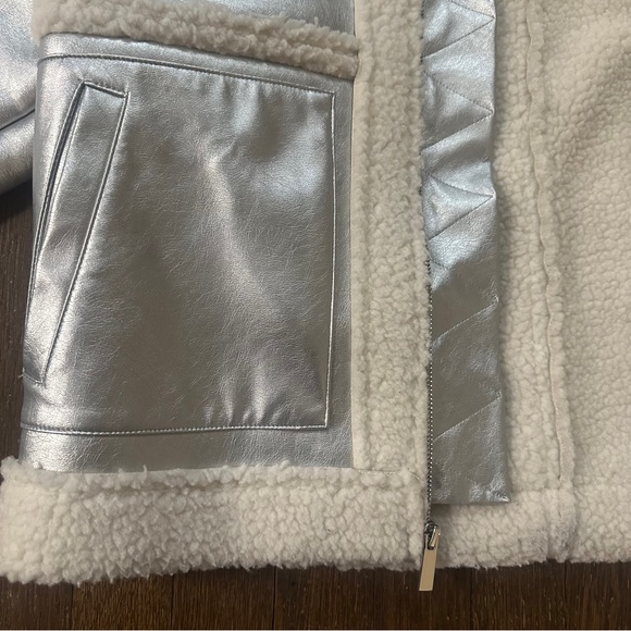 Metallic Silver Faux Leather Jacket with Sherpa Accents - Picture 5 of 6